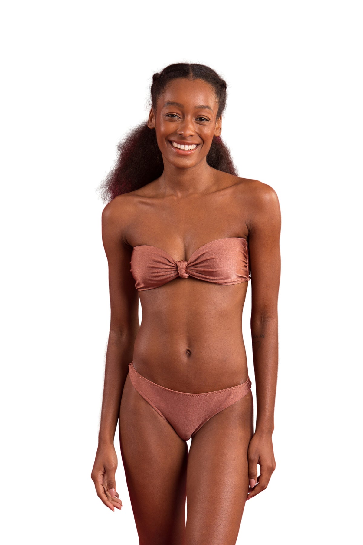 Model Front: Rio De Sol Two Piece Swimwear Set Shimmer-Copper Bandeau-Joy Essential