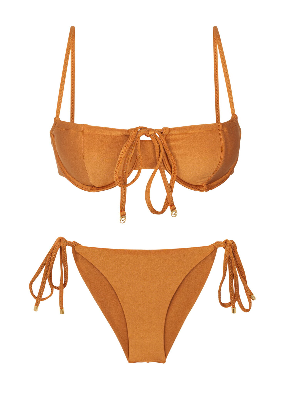 Product Front: Rio De Sol Two Piece Swimwear Set Shimmer-Nocciola Balconet-Tie Cheeky-Tie-Gold