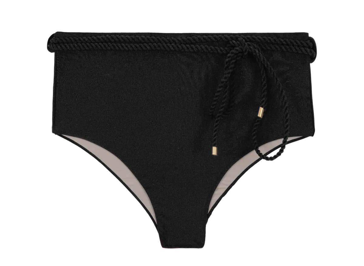 Product Front: Rio De Sol Bikini Bottoms Bottom Shimmer-Black Belted-High-Waist