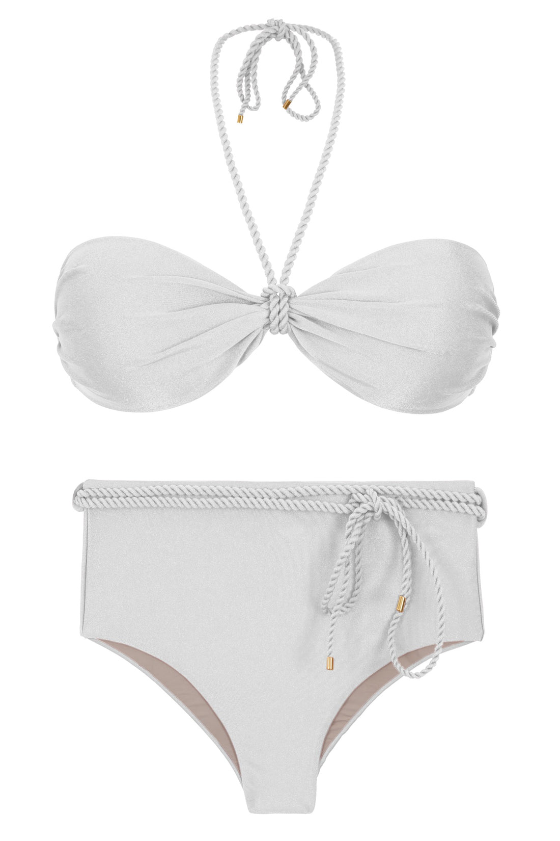 Product Front: Rio De Sol Two Piece Swimwear Set Shimmer-White Twist Belted-High-Waist
