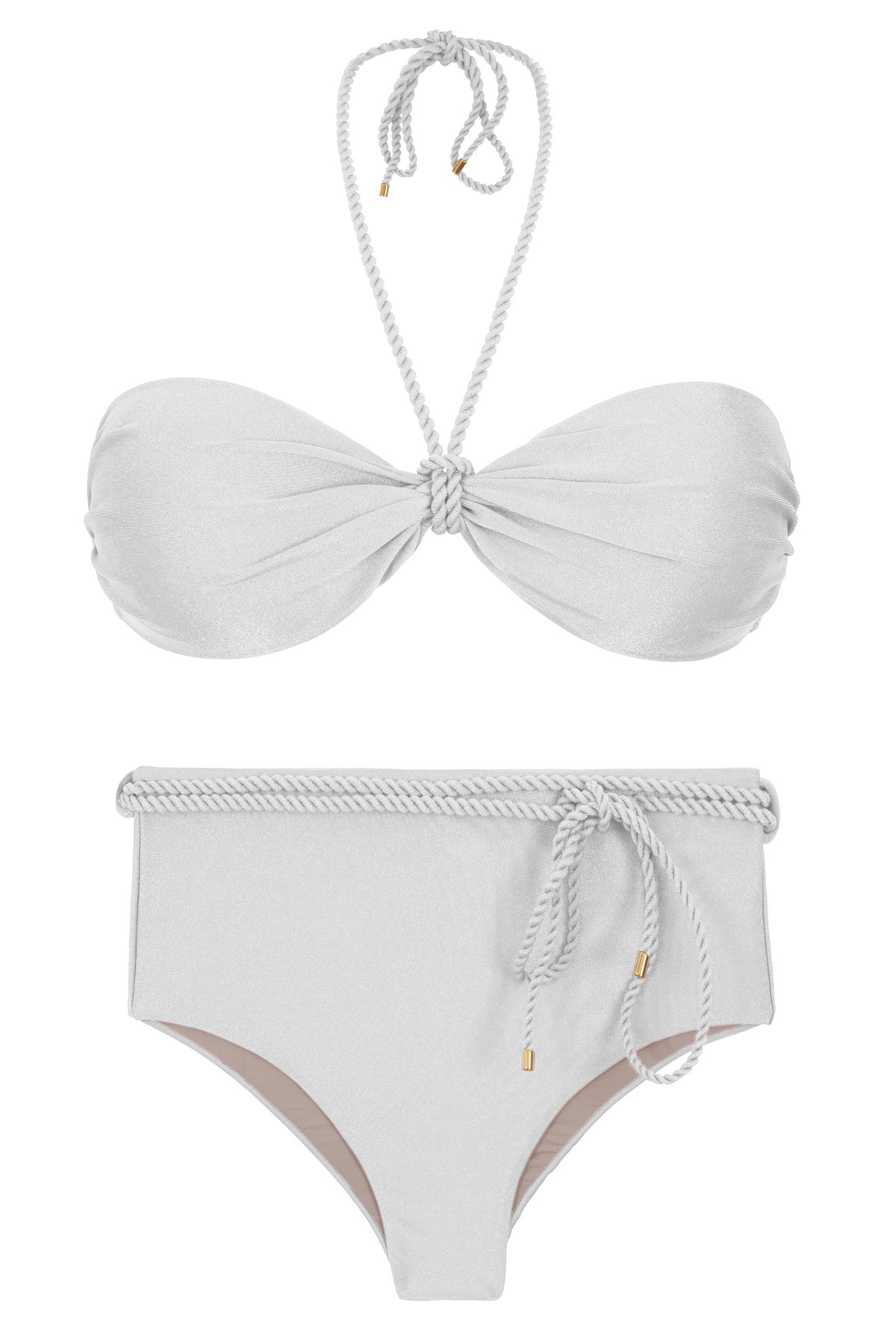 Product Front: Rio De Sol Two Piece Swimwear Set Shimmer-White Twist Belted-High-Waist