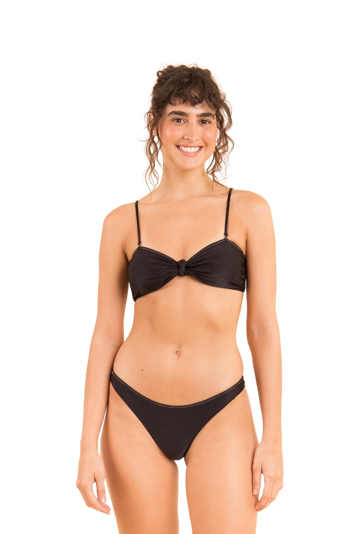 Model Front: Rio De Sol Two Piece Swimwear Set Shimmer-Black Bandeau-Joy Essential