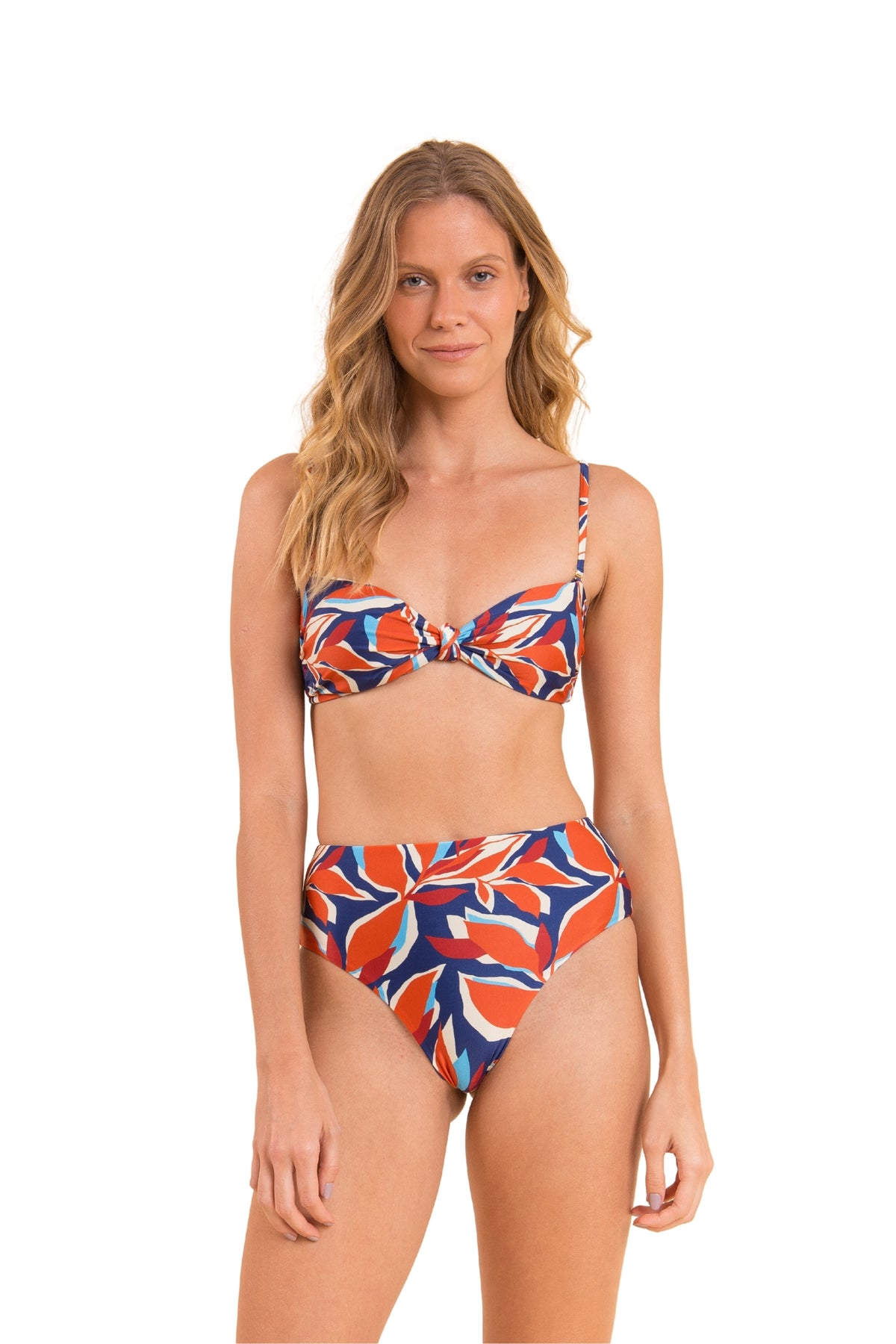 Model Front: Rio De Sol Two Piece Swimwear Set Leaves Bandeau-Joy Hotpants