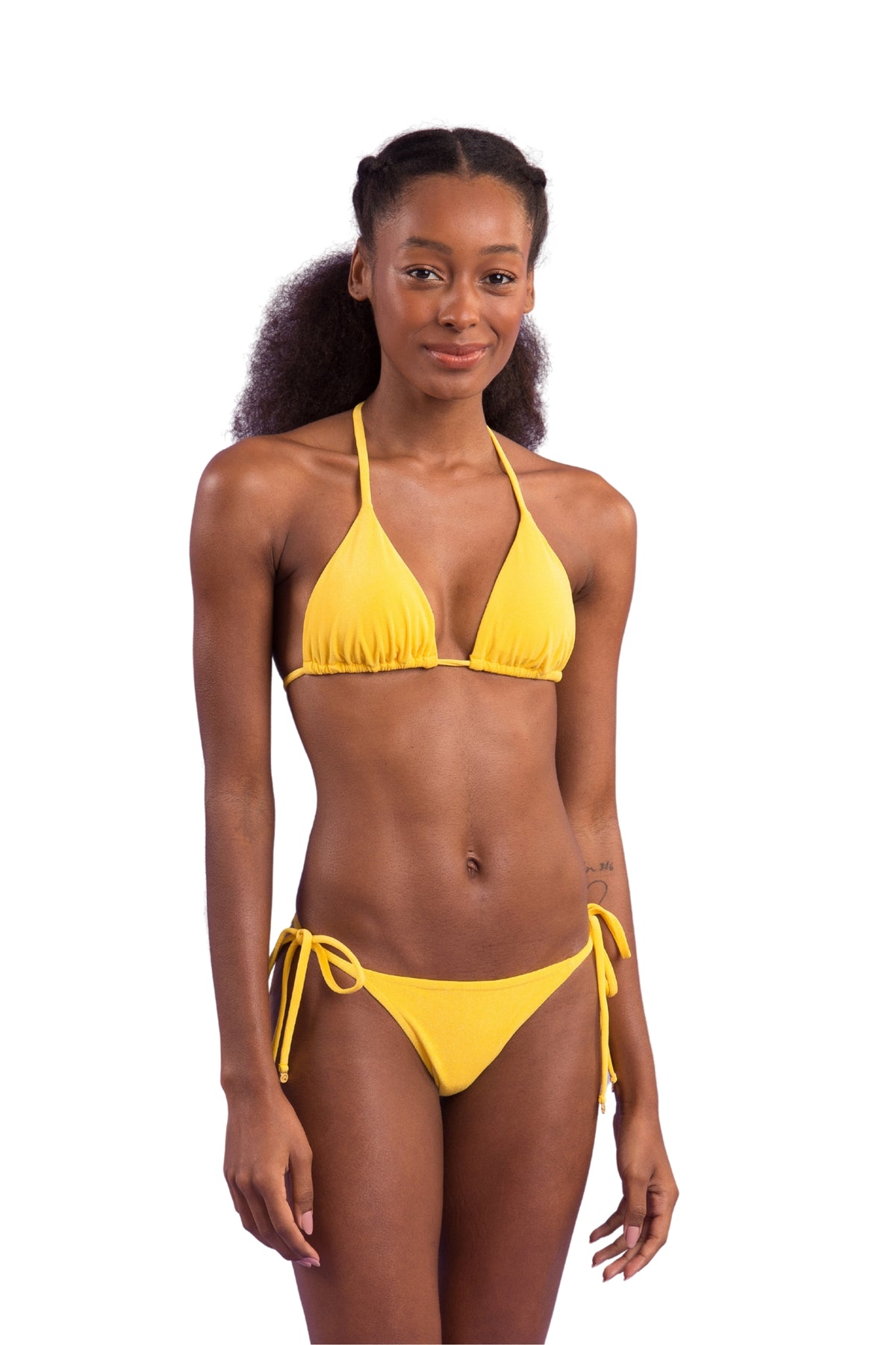 Model Front: Rio De Sol Two Piece Swimwear Set Malibu-Yellow Tri-Inv Cheeky-Tie