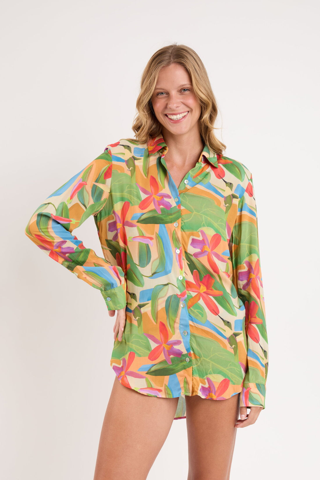 Model Front: Rio De Sol Shirtdress Tropical Shirt Greta
