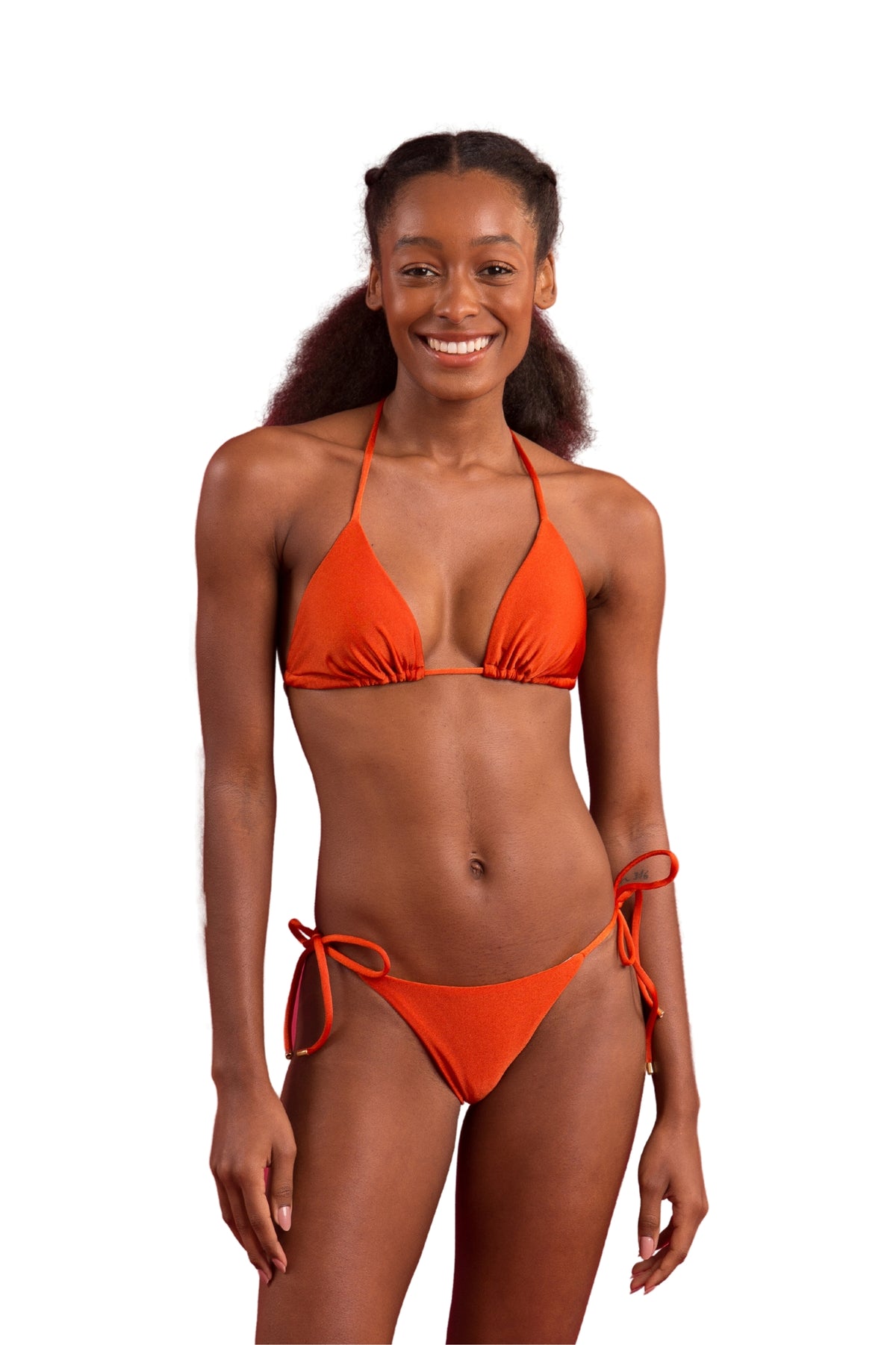 Model Front: Rio De Sol Two Piece Swimwear Set Shimmer-Paprica Tri-Inv Cheeky-Tie