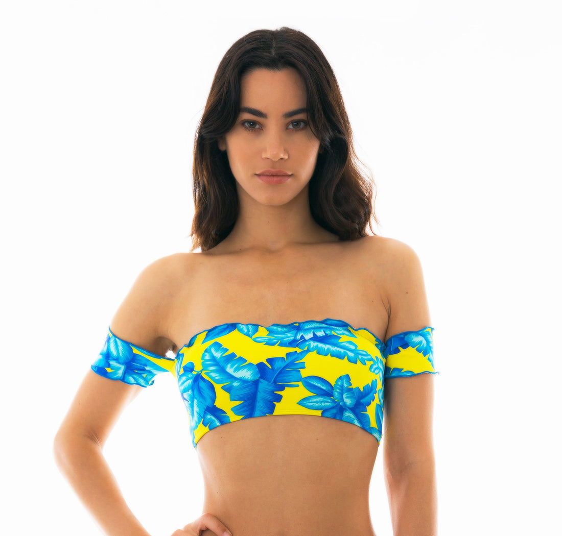 Model Front: Rio De Sol Bikini Tops Top Palmeira Azul Off Shoulder