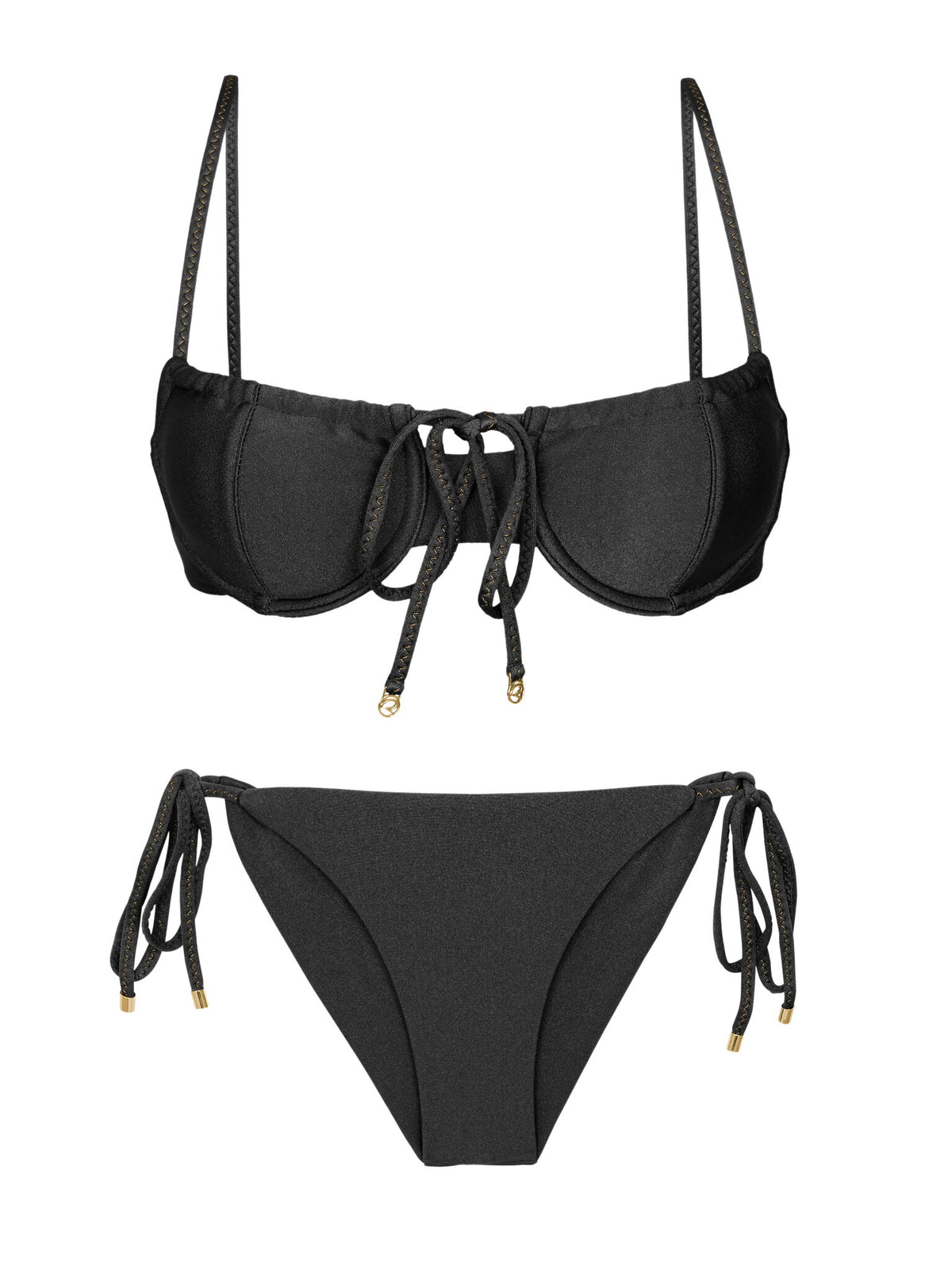 Product Front: Rio De Sol Two Piece Swimwear Set Shimmer-Black Balconet-Tie Cheeky-Tie-Gold