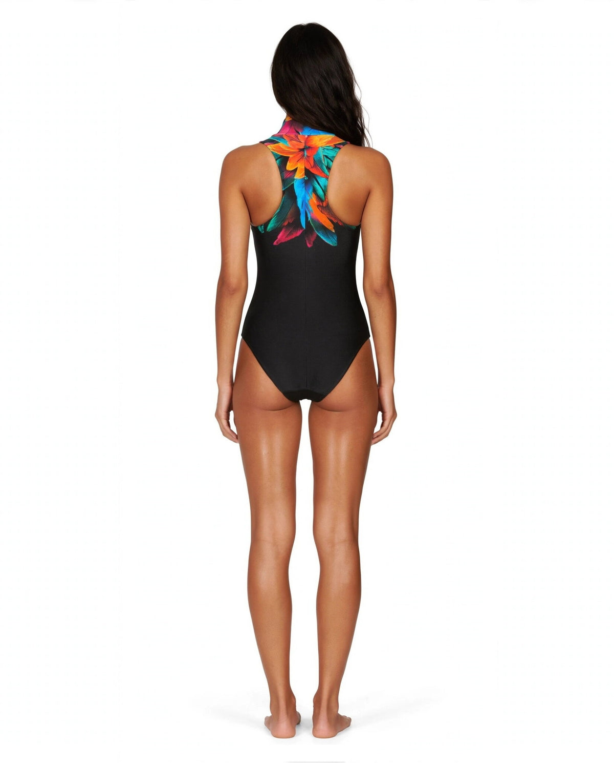 Model Back: Lua Morena One Piece Swimsuits Gola Ziper Localizado Brinco Preto